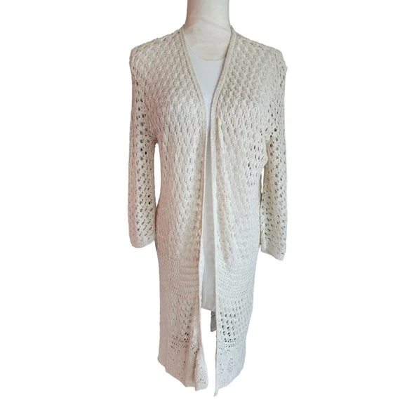 Christopher & Banks Off White Cream Crochet Knitted Open Long Cardigan Women's M - Picture 1 of 13